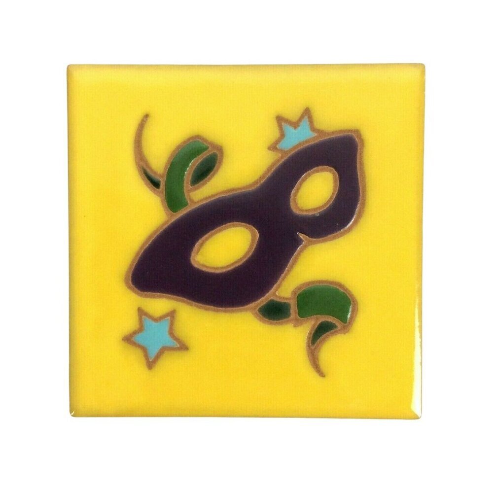 Mardi Gras Mask Ceramic Tile Trivet By CLP 1998 4x4 Yellow Purple Home Décor